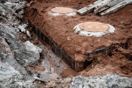 There is a sizable pile of dirt that has a concrete block situated right in the center, creating an...