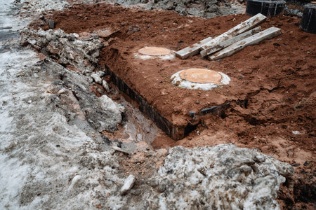 A significant pile of dirt and assorted rocks is currently resting on the ground surface, forming a...