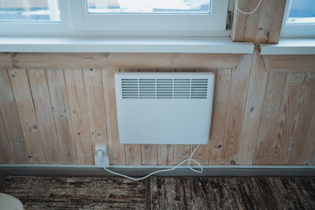 A stylish white heater is mounted on a sturdy wooden wall next to a bright window, providing natural light that enhances the rooms aesthetic and creates a cozy atmosphere for relaxationの写真素材