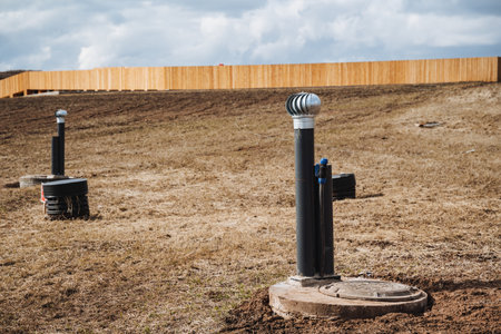A substantial and sturdy fence encircles a vast, open field, with several prominent pipes...