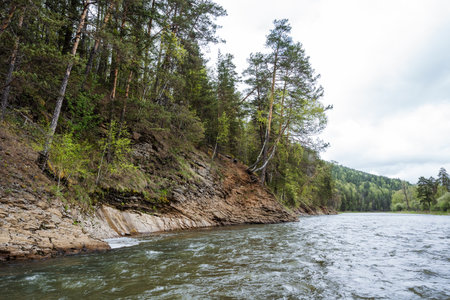 Imagine a serene river with clear waters, vibrant greenery, and striking rocks, creating an ideal spot for nature lovers and outdoor enthusiasts seeking peace and stunning natural beautyの写真素材