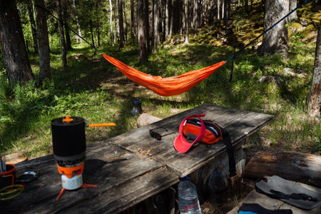 A beautiful hammock is comfortably suspended above a rustic wooden table nestled in the enchanting woods, inviting individuals to relax and enjoy the peaceful surroundings of natureの写真素材