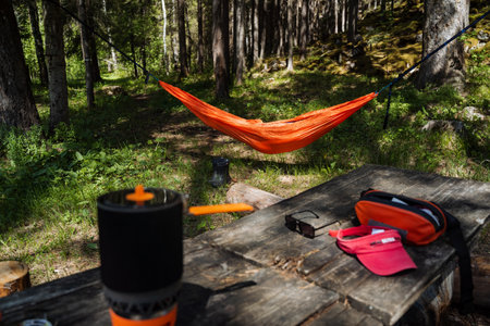 A cozy hammock is gracefully hanging over a picnic table in a serene woodland setting, surrounded by the beauty of nature, inviting people to relax and enjoy their time in the great outdoorsの写真素材
