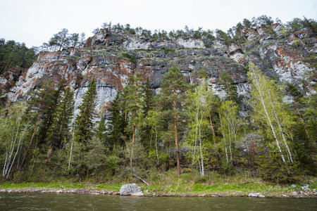 A breathtaking view of towering cliffs adorned with lush green forests, reflecting on calm waters below. This location is perfect for nature enthusiasts and scenic photography loversの写真素材