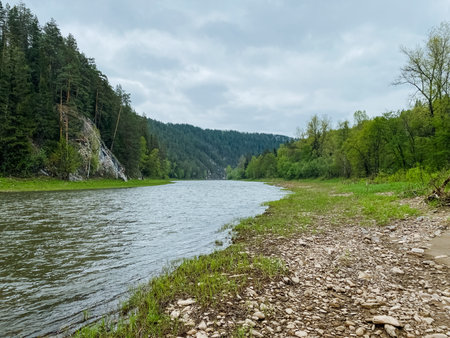 Imagine a serene river landscape that is beautifully surrounded by lush, green forests and gently rolling hills, creating a picturesque scene that embodies the essence of nature and tranquilityの写真素材