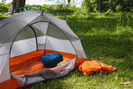 Experience the joy of setting up a cozy camping tent nestled harmoniously in a lush, vibrant green landscape, surrounded by the serenity of nature and a picturesque scenery that invites adventureの写真素材