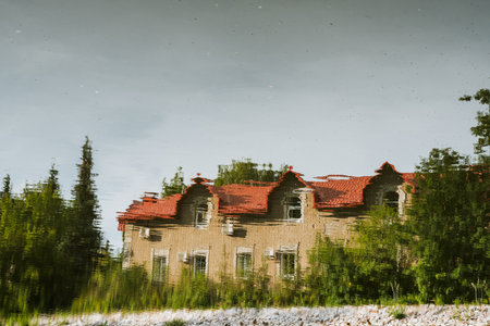 This spacious and charming house with a bright red roof is surrounded by lush trees, creating a serene environment ideal for comfortable living and leisure activities with friends or familyの写真素材