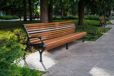 There is a lovely wooden bench positioned in a serene park with lush trees beautifully standing in the background, providing shade and enhancing the natural beauty of this public outdoor spaceの写真素材