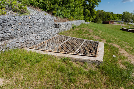 A sturdy metal grate securely covering an access point nestled within a lush green park, which is beautifully surrounded by meticulously arranged stone walls and scenic natural sceneryの写真素材