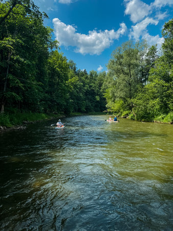 Two individuals in bright kayaks are leisurely floating down a picturesque river that is beautifully surrounded by lush trees and vibrant vegetation, creating a serene natural environmentの写真素材