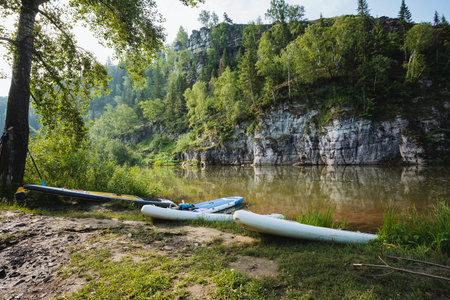 Colorful kayaks are peacefully resting on the sandy shore of a winding river, patiently awaiting adventurous souls who are eager to take them out for an enjoyable paddle on the beautiful water todayの写真素材
