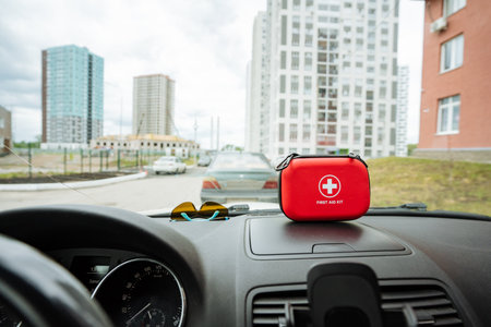 A bright red first aid kit on a cars dashboard is easily visible and accessible, offering essential supplies that ensure safety and peace of mind for all passengers during travelsの写真素材