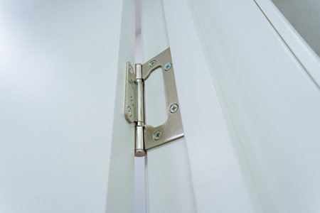 This detailed view shows a door hinged attached to a pristine white frame, highlighting its modern design and functionality, ideal for home improvement and interior design projectsの写真素材