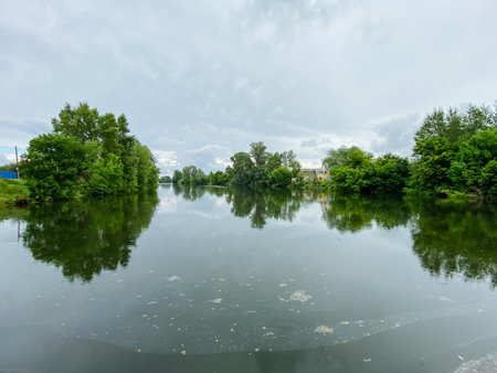A large and expansive body of water is beautifully surrounded by an array of trees, all observed on a cloudy day, creating a tranquil and serene atmosphere that enhances the natural sceneryの写真素材
