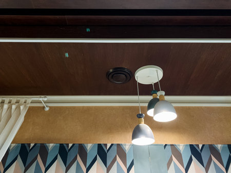 Modern interior design features stylish ceiling lights against a patterned wall, blending textures and vibrant colors, ideal for contemporary decor that embodies elegance and sophisticationの写真素材