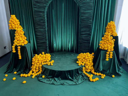 Imagine a vibrant stage adorned with an elegant green curtain, with cheerful yellow balls artfully scattered across it, creating a lively atmosphere for the audience to enjoy and admireの写真素材