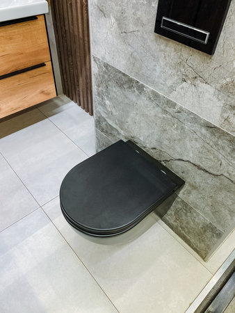 In the bathroom corner, a sleek and modern black toilet is thoughtfully positioned on a beautifully patterned tiled floor, seamlessly combining both elegance and practical functionality in this spaceの写真素材