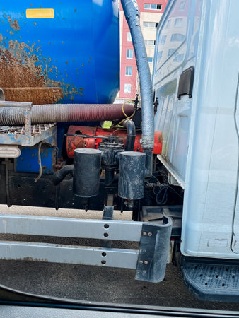 There is a white truck that has a blue tank attached to its body. This vehicle is likely used for commercial purposes and may be involved in transporting various materials or equipmentの写真素材