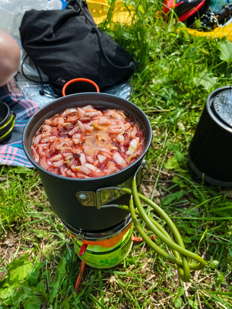 A large pot overflowing with delicious food is cooking on a portable stove placed on a vibrant green carpet of grass, enhancing the overall cooking experience with a touch of natureの写真素材