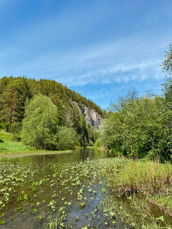 A picturesque river is beautifully surrounded by lush trees and majestic mountains, all under the warm glow of a sunny day, creating a serene and calming natural landscape and environmentの写真素材