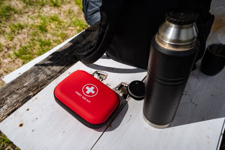 A vibrant red first aid kit with essential medical supplies and a stainless steel thermos filled with a refreshing drink rest on a picnic table, ideal for hiking, camping, and emergency preparednessの写真素材