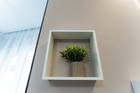 This exquisitely designed white shelf, beautifully topped with a vibrant and lively potted plant, adds an inviting touch of nature, color, and warmth to the overall decor and ambiance of the spaceの写真素材