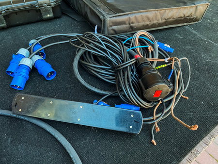 A vast collection of assorted wires is sprawled across the ground, giving the appearance of a tangled mess comprising various types and sizes of electrical cables along with wiring componentsの写真素材
