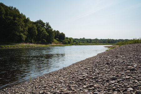 A serene riverbank featuring smooth stones, crystal clear water, and the beauty of lush trees stands as a peaceful refuge for nature lovers who seek genuine tranquility amidst the stunning wildernessの写真素材