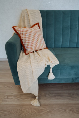 A comfortable couch adorned with a cozy pillow and a soft blanket draped over it, creating an inviting atmosphere in the living room, perfect for relaxation and leisure activitiesの写真素材