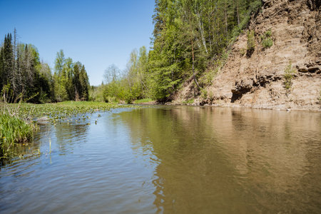 On a bright and sunny day, a beautiful river winds its way through a lush landscape, surrounded by...