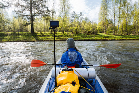 A kayaker glides down a tranquil river, surrounded by vibrant greenery and tall trees, capturing the...