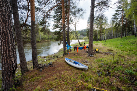 Enjoy kayaking on a peaceful river, winding through enchanting landscapes with lush greenery and vibrant flora, ideal for nature lovers seeking adventure and relaxation in the outdoorsの写真素材