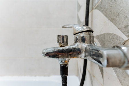 A closeup of a sleek chrome bathtub faucet with a black hose, set against a neutral tiled background, highlighting modern bathroom fixtures and innovative design elements for aesthetic appealの写真素材