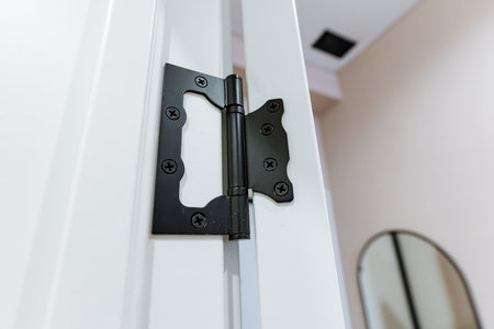 A sleek and stylish black door hinges is securely attached to a pristine white door, showing its...