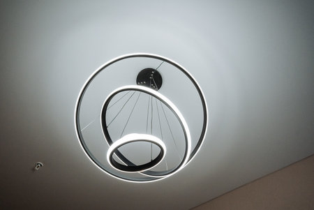 A striking modern chandelier featuring intertwined circular designs. This statement piece adds...