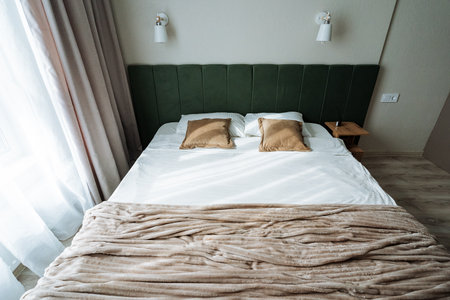 A serene and inviting modern bedroom that features a very comfortable bed adorned with soft pillows, a cozy blanket, and ample natural light that streams through elegant sheer curtainsの写真素材