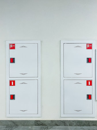 Two red fire hydrant boxes significantly enhance the visual appeal of a clean white wall, while also...