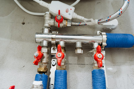 This detailed view of a plumbing system showcases essential components like metal pipes, red valves,...