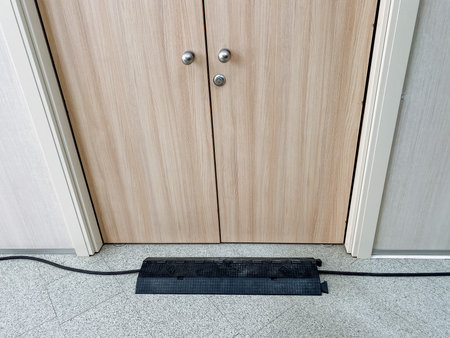 A power strip, which is an essential electrical device, is currently plugged into a wooden door, showing its convenience and functionality in this unique setup to access electricity easilyの写真素材