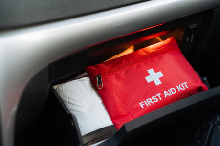 Having a wellstocked first aid kit in the glove compartment of your vehicle is absolutely essential for proper preparedness, ensuring safety and providing peace of mind on every journey you takeの写真素材