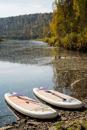 A tranquil scene unfolds as two standup paddleboards rest peacefully by the calm riverbank, enveloped by the brilliant colors of vibrant autumn foliage and surrounded by serene natural beautyの写真素材