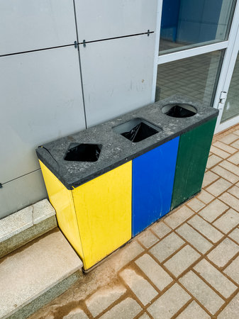 A colorful trash can sits on a brick sidewalk in front of a building