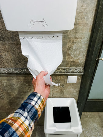 A person is taking a piece of paper out of a paper towel dispenserの写真素材