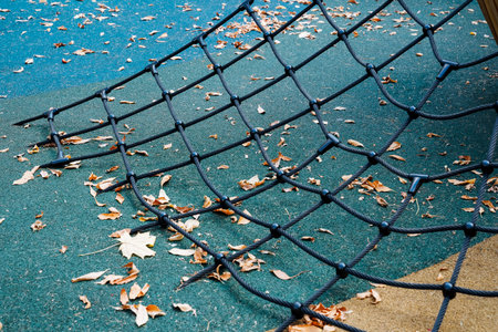 A closeup of a vibrant playground climbing net surrounded by colorful autumn leaves, creating an inviting atmosphere for outdoor play and joyful enjoyment for children and familiesの写真素材
