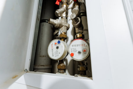 This represents a Comprehensive Detailed View of the Water Meter and Various Valves Located Inside a Utility Closet, focusing on engineering, plumbing, and other essential infrastructure componentsの写真素材