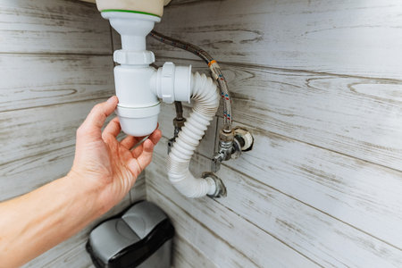 A homeowner is currently enhancing the drainage system in their kitchen by adjusting the configuration of the drain pipes and adding a Ptrap along with a flexible hose for improved efficiencyの写真素材