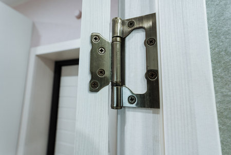 The image provides a detailed closeup view of a door hinged affixed to a white door, highlighting...