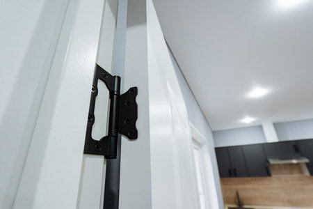 detailed shot of textured metal hinge, closeup image showcasing door hinge and textured frame details, highresolution closeup of metal door hinge and surrounding textured door frameの写真素材