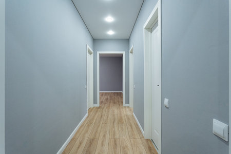 contemporary corridor with gray walls, narrow wooden floored hallway in modern apartment, contemporary apartment interior featuring slender hallway with wooden floors and multiple doorsの写真素材