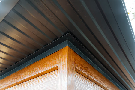 eaves overview summary, detailed exterior eaves using wood and metal trims, indepth examination of exterior eaves featuring different materials such as wood and metal trims for preciseの写真素材